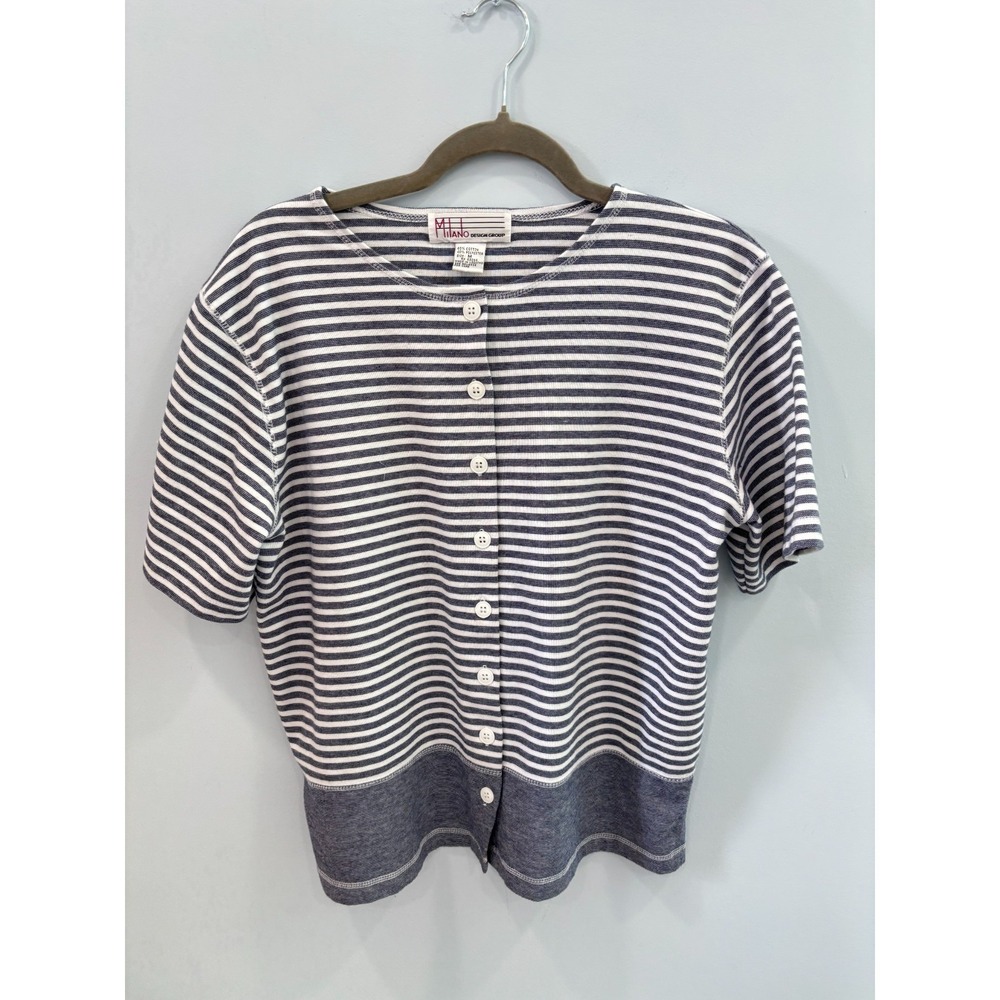 Milano Design Group Medium Striped Button Front Top Cotton Blend Blue - Picture 2 of 9